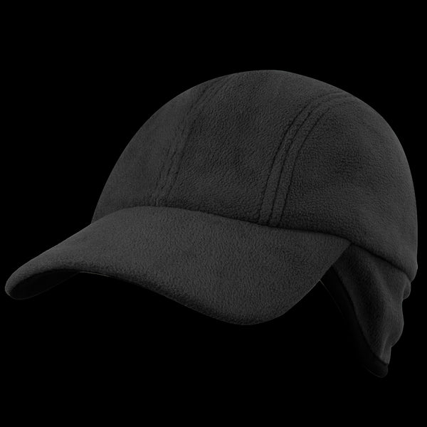 The Condor Yukon Fleece Cap in black, featuring ear flaps and bushcraft-inspired design, is shown from a three-quarter angle against a white background. Now on SALE.